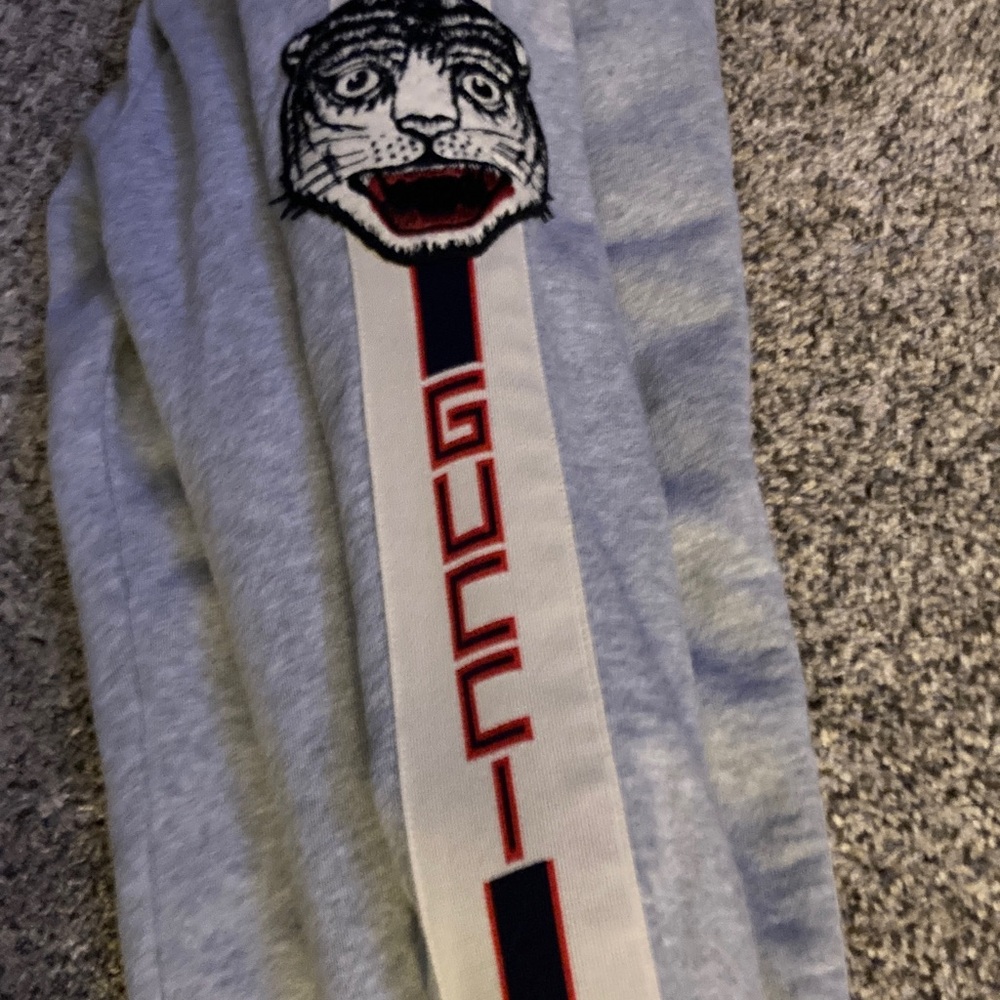 Gucci Light Gray Sweatpant with Red and Navy Lettering and Tiger Patch